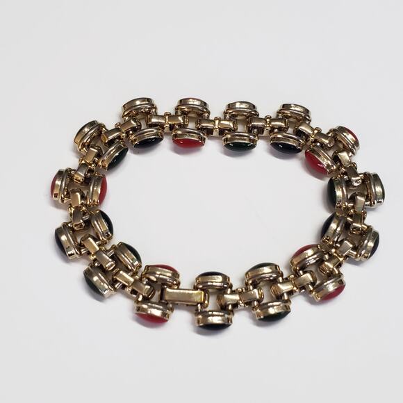 Vintage Navy Blue Red & Green Enamel Gold Tone Link Bracelet 8" - Picture 3 of 8